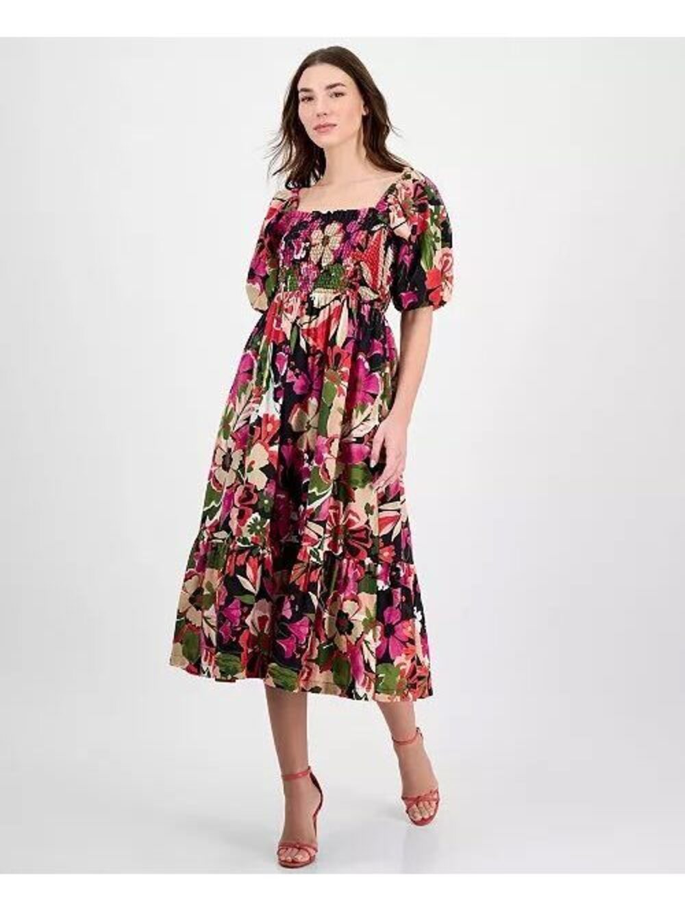 Anne Klein Women's Smocked Puff-Sleeve Floral Midi Dress